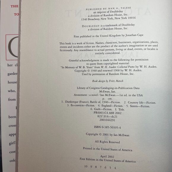 Atonement - Ian McEwan - First US Edition - Hardcover - Picture 4 of 6